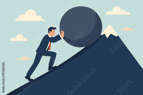 Ambitious businessman pushing boulder uphill, perseverance, grit, persistence, resilience, strength, overcoming obstacles, achieving goals, success, determination, motivation