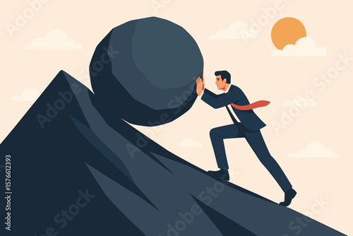 Determined businessman pushing large boulder uphill, symbolizing perseverance, grit, persistence, resilience, strength, overcoming obstacles, ambition, and achieving success
