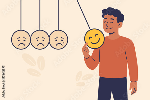 Emotional intelligence, mental health improvement, positive thinking, overcoming sadness, happiness mask, mood change, depression recovery, psychological well-being concept