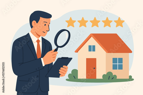 Real estate appraisal and property evaluation concept. Businessman appraiser with magnifier and clipboard inspecting house, five star rating, residential market value assessment