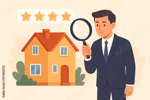 Real estate appraisal and property evaluation concept. Businessman appraiser with magnifier inspects house for market value, home assessment, residential sale, rating, review
