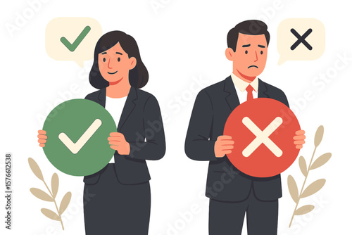 Business decision making concept. Male and female professionals in suits holding large check mark and cross symbols. Yes or no, pros and cons, right or wrong, advice, comparison.