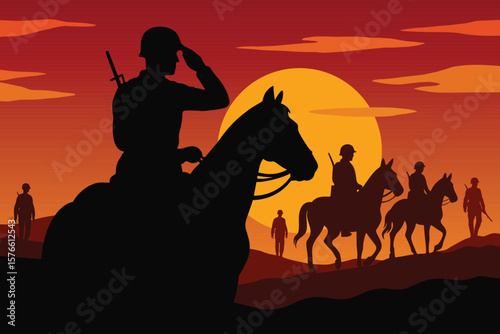 Mounted soldier silhouette at sunset with cavalry riding into the horizon vector illustration