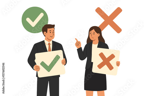 Business people holding large check mark and cross sign, pros and cons, do and don’t, positive vs negative, right or wrong decision, yes or no, advice, comparison concept
