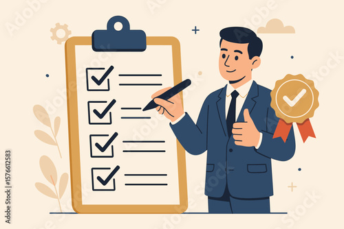 Quality control checklist, QC inspection, certified approval process, business excellence assurance, guarantee, product service delivery, businessman with clipboard and badge