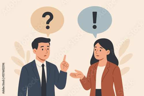 Business communication, question and answer, FAQ, problem solving, support, solution concept, businessman and businesswoman with question mark and exclamation mark illustration