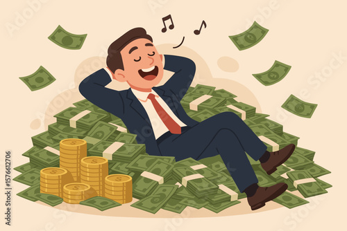 Wealthy businessman relaxing on pile of cash, financial success, investment profit, FIRE, financial independence retire early, rich happy man enjoying money, prosperity concept