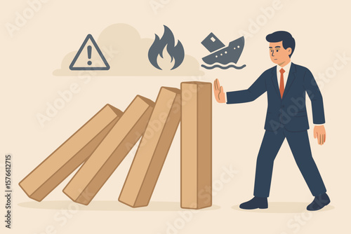 Businessman Prevents Domino Effect, Risk Management, Crisis Control, Accident Prevention, Investment Strategy, Danger Assessment, Disaster Loss Protection, Safety Concept