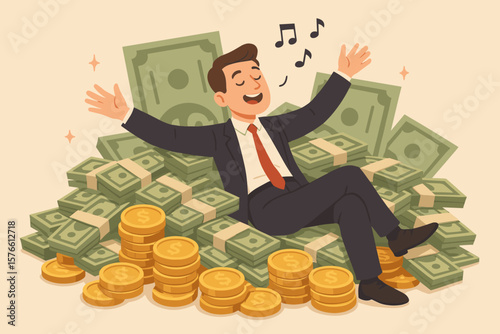 Rich man on money pile. Financial independence, retire early concept. Happy businessman success, investment profit. Wealthy character singing on cash. Finance freedom.
