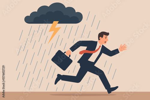 Businessman run away from crisis. Escape from disaster, bankruptcy, or danger. Failure and overworked concept. Anxiety, work stress metaphor. Man escaping storm cloud.