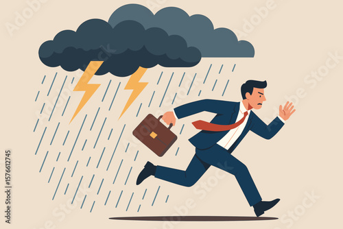 Businessman Running from Crisis Storm, Escaping Disaster, Bankruptcy, Danger, Failure, Overwork, Anxiety, Work Stress, Corporate Pressure, Risk Management Concept