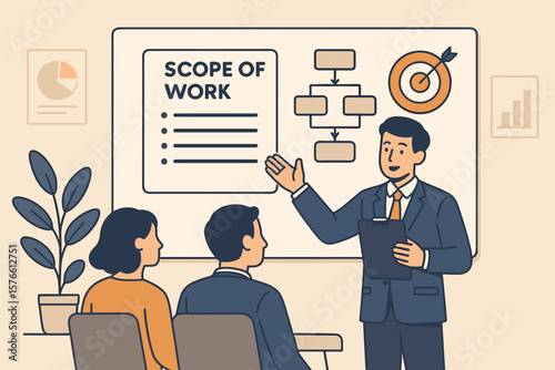 Project management presentation, scope of work definition, business planning strategy, workflow process, agreement document, target goal achievement, team meeting illustration