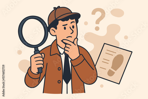 Detective with magnifying glass investigating a clue. Concept for search, discovery, analysis, and research. Specialist solving a mystery. Man thinking, looking for information.