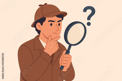 Detective character searching for clues, analyzing evidence, investigating mystery, holding magnifying glass, curiosity, research, insight, question mark, discovery concept illustration