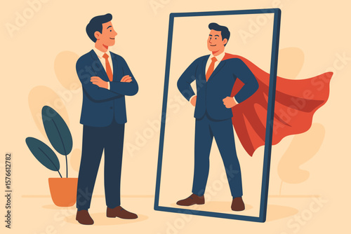 Self confidence, self esteem, believe in yourself. Positive attitude to success. Ambition, determination to achieve goals. Businessman looking at his strong ideal hero reflection.