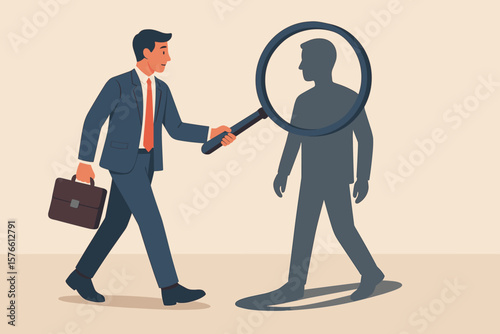 Self assessment and personal analysis process concept, businessman with briefcase examining own shadow using magnifying glass, career planning, goal discovery, professional growth