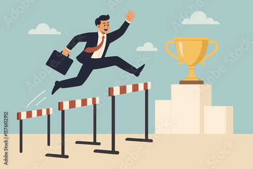 Business success achievement concept. Confident businessman leader jumping over hurdles, overcoming obstacles, winning competition, motivation, leadership, reaching trophy, career growth