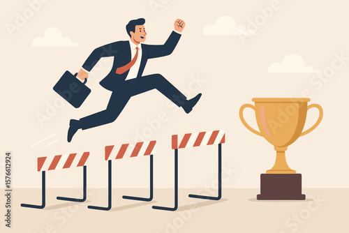 Confident businessman leader jumping over hurdles to win business competition, overcoming obstacles, achieving success, motivation, leadership, solving problems, trophy reward