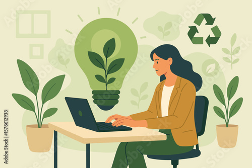 Eco-friendly office workspace, sustainable business practices, environmental responsibility, green company culture, businesswoman using laptop, recycling, ESG concept, indoor plants