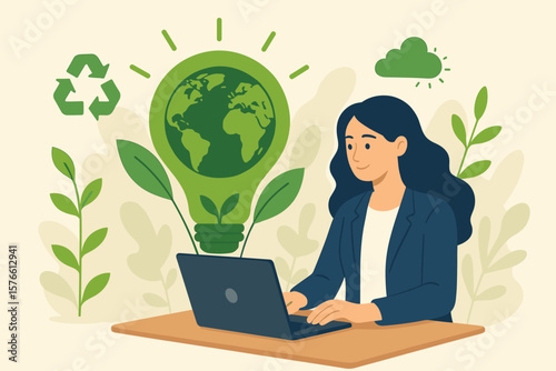 Sustainable business strategy, environmental care in office, eco-friendly company culture, ESG responsibility, businesswoman working on laptop, green energy, recycling concept