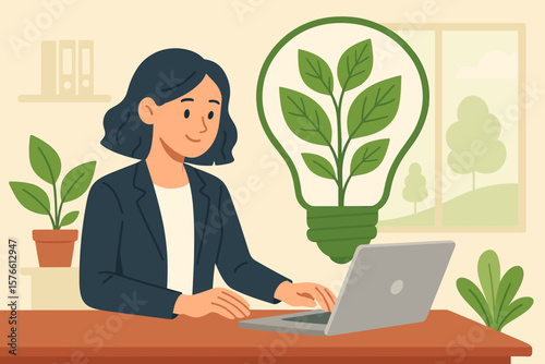 Sustainability business, environmental care in office. Ecology company culture, social responsibility strategy, ESG concept. Businesswoman with green energy idea lightbulb.