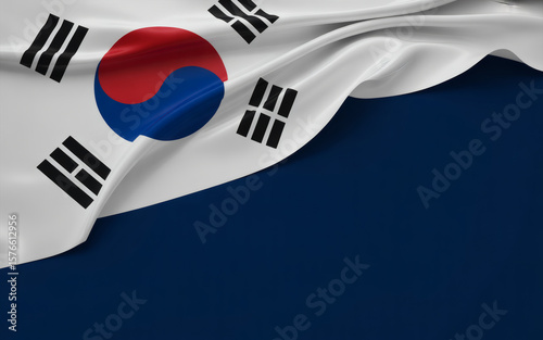 A patriotic presentation of the South Korean flag elegantly draped over a rich, navy blue background offering ample space for text and design.