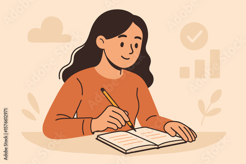 Young woman writing notes for study and work productivity, efficient planning, information organization, summary, conclusion, time management, education, personal development