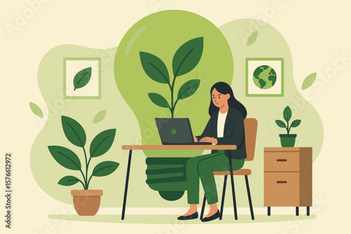 Eco-friendly office workspace, sustainable business, environmental care, green company culture, social responsibility, ESG strategy, businesswoman working with laptop, indoor plants