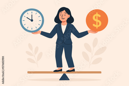 Businesswoman balancing time and money on seesaw. Work life balance, financial decision making, investment, savings, career management, time management, success concept illustration