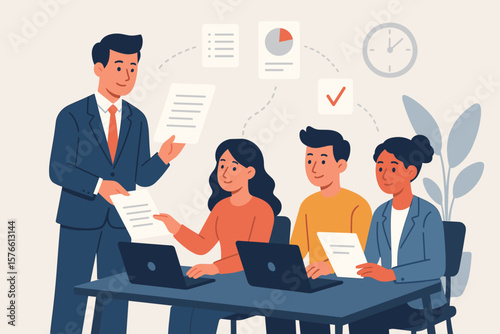 Business Teamwork Collaboration, Manager Delegates Work Assignments to Employees, Office Meeting, Task Distribution, Project Planning, Staff Responsibility, Corporate Leadership Concept