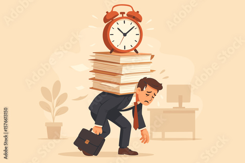 Overworked businessman burdened by paperwork, tight deadlines, stress, exhaustion, burnout, office overload, time pressure, heavy workload, tired employee, workplace fatigue