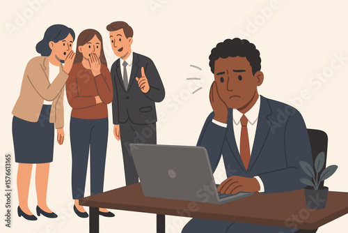Workplace gossip and office rumors, business people whispering behind coworker, bullying, negative chatter, spreading misinformation, toxic work environment, harassment concept