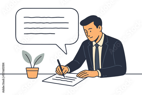 Businessman writing document at desk, effective written communication, email skills, text messaging, manuscript, office communication, corporate correspondence, workplace success