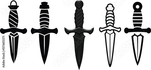 Five daggers in various graphic styles and shapes are displayed in a row on a white background, perfect for illustrating historical weaponry or fantasy themes.
