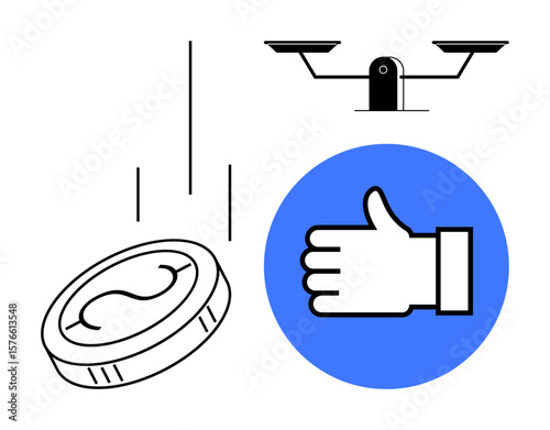Coin dropping, thumbs-up icon, and balanced scales symbolizing financial actions, decision-making, fairness, success, evaluation, economic trade-offs. Ideal for finance investment ethics