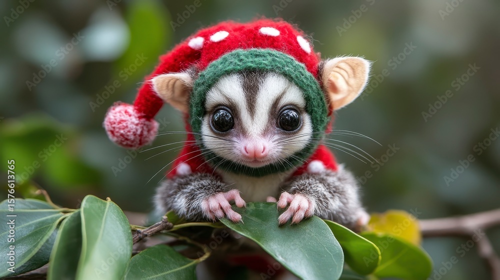 Fototapeta premium Cute Small Animal in Holiday Outfit with Festive Hat on Branch
