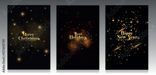 Elegant set of three festive vector covers with glowing golden bokeh lights and sparkles. Includes 