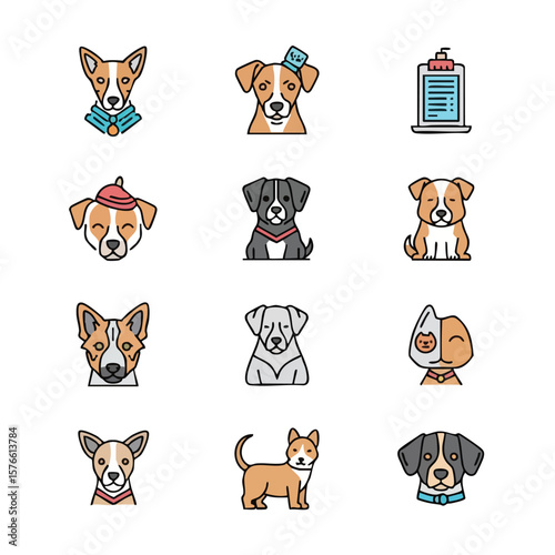 Set of illustrated dog icons in a modern flat style. A variety of dog breeds and styles are depicted, perfect for pet-related design projects