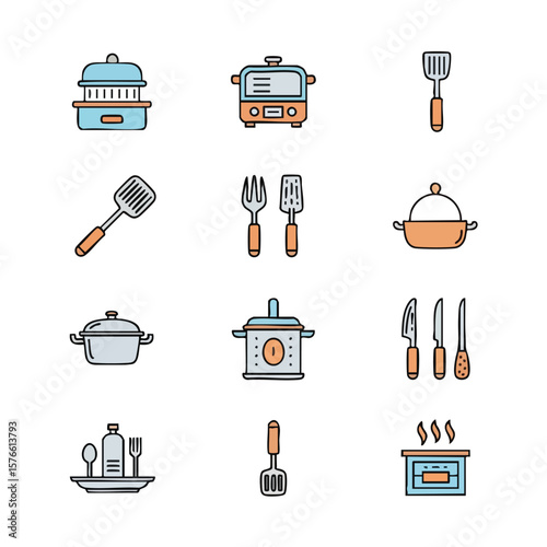 Set of kitchen utensils icons, including pots, cutlery, and appliances. Isolated on white, these vector graphics can be used for web design, recipe layouts, and culinary-themed projects