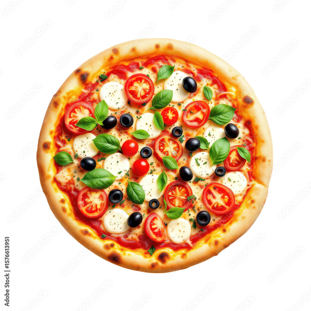 A delicious pizza with tomato mozzarella basil and olives on a crispy golden crust perfect for dinner on transparent background A delicious pizza with tomato mozzarella basil and olives on a crispy golden crust perfect for dinner on transparent background