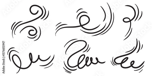 Doodle wind line sketch set. Hand drawn doodle wind movement, air blowing, vortex elements. Sketch of air blowing movement, abstract lines. Isolated vector illustration.