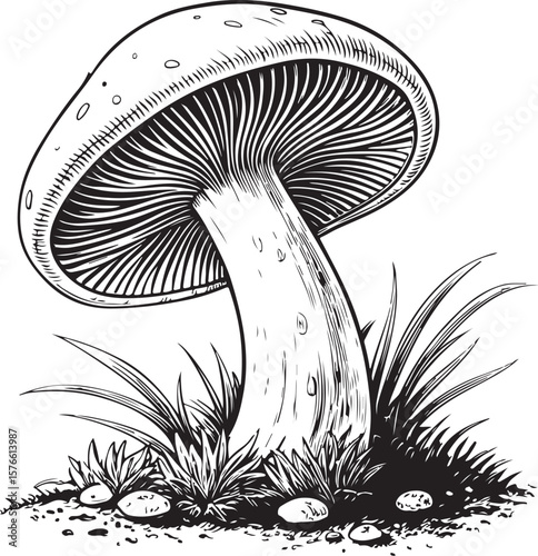 Blewit Mushroom Vector Illustration, Sketch Drawing Line Linear Symbol Icon Engraving Coloring Book, Hand-drawn Black and White Isolated