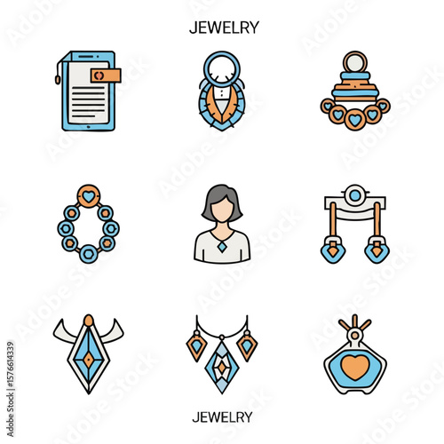 This illustration displays a set of colorful jewelry icons. The design is modern and minimalist, suitable for showcasing various accessories or online shopping in an e-commerce setting