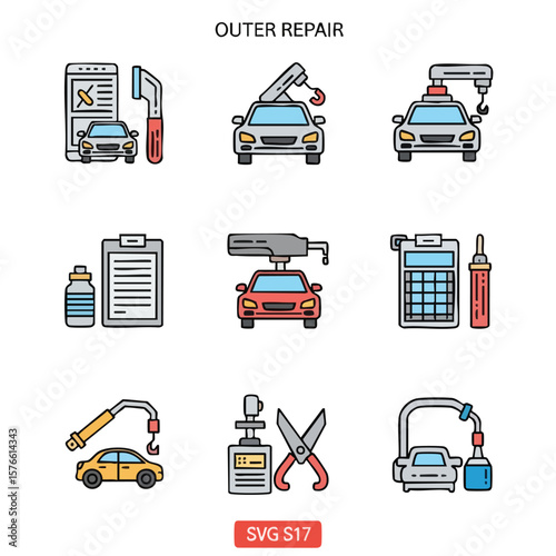 This set of colorful icons illustrates various aspects of car outer repair and vehicle maintenance services