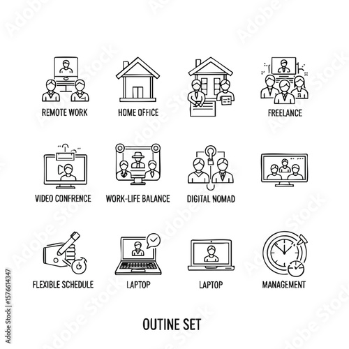 This vector illustration showcases a set of work-related icons. Topics covered include remote work, home office, video conferencing, work-life balance, and digital nomads