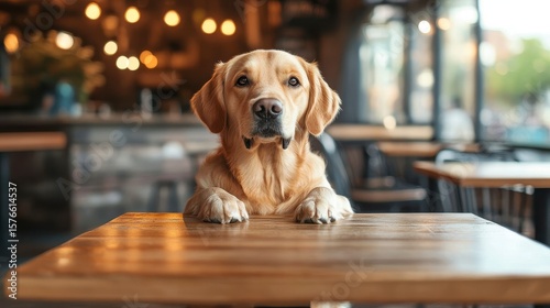 Adorable Labrador Retriever Sitting at Table in Cozy Cafe Setting