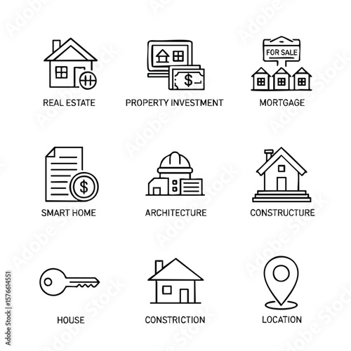 Vector icons set related to real estate, construction, and homeownership. Includes images for property investment, mortgage, smart home, architecture, and house location