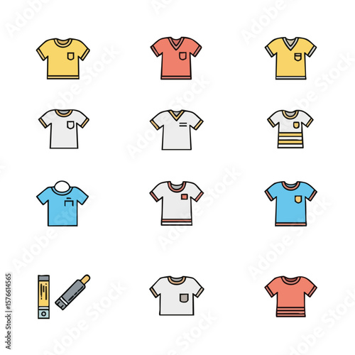 Vector illustration of a set of colorful t-shirts in a flat design style, representing fashion, clothing, and apparel options. Ideal for concepts like style, wardrobe, and apparel design