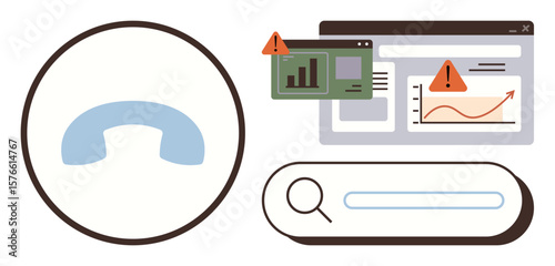 Alert notifications on a graph and data analysis interface, a phone symbol for communication, and a search bar. Ideal for cybersecurity, tech support, analytics, warning systems, troubleshooting