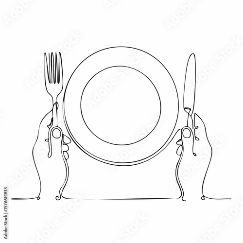 一筆書きの食事中の手とカトラリー